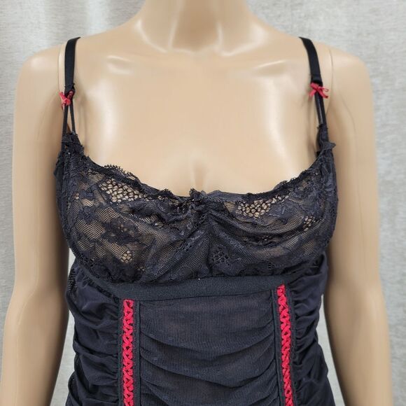 Frederick's of Hollywood Y2K Black Red Ruched Lace Chemise Mini Dress Garters - Picture 4 of 13